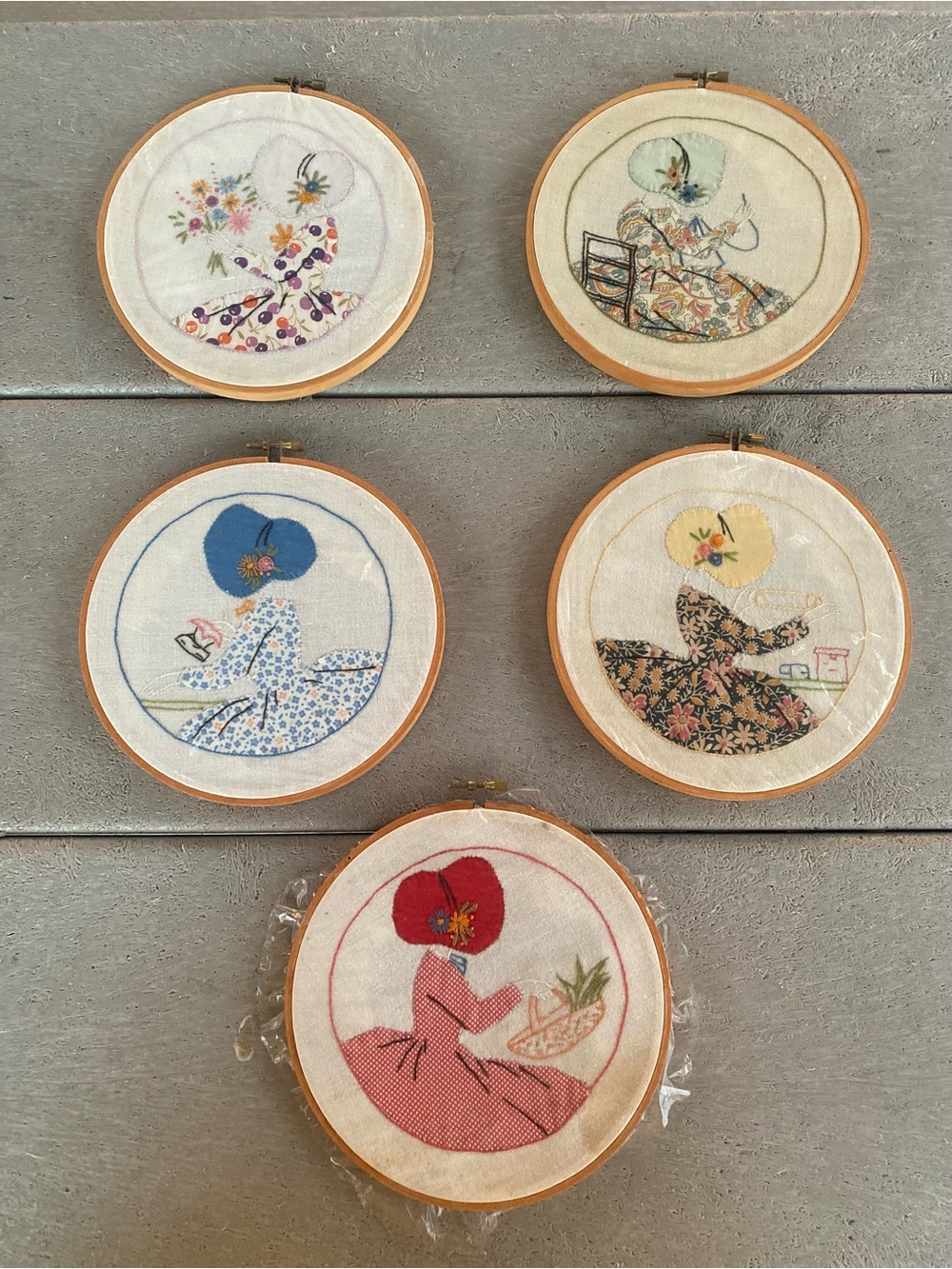 Vintage 1970’s Crewel Embroidery Lot of 5 Framed Finished In Hoops